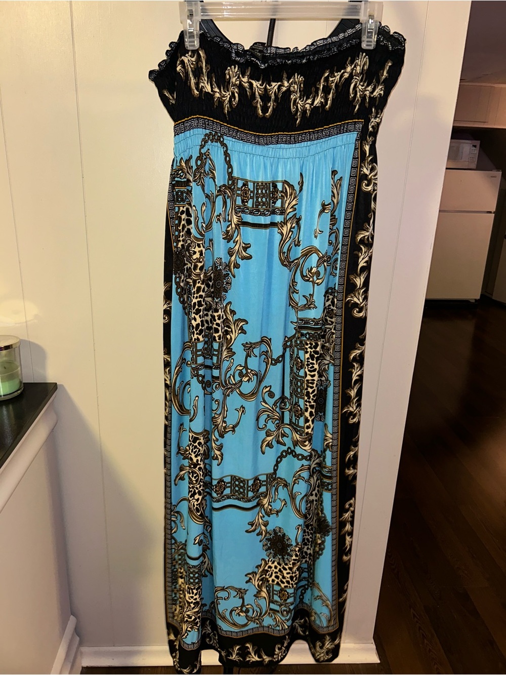 Blue & Black Strapless Maxi Skirt with Baroque Print